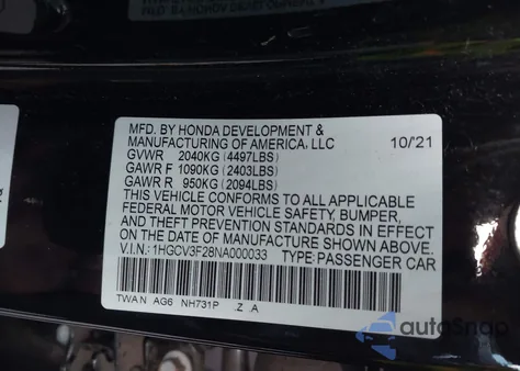 2022 Honda Accord Hybrid Sport from USA, damaged, VIN 1HGCV3F28NA000033